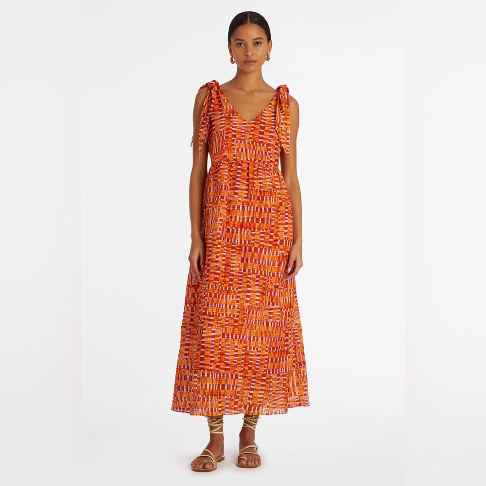 Marie Oliver Gigi Maxi Dress In Clementine Check XS Linen Blend Orange EUC